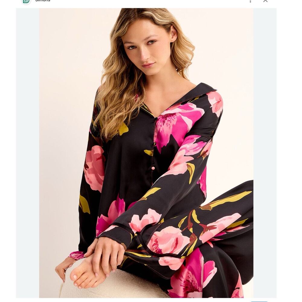 FP Intimately Free Women S Black Pink Silky Floral Shirt Dreamy Days Pajama Top